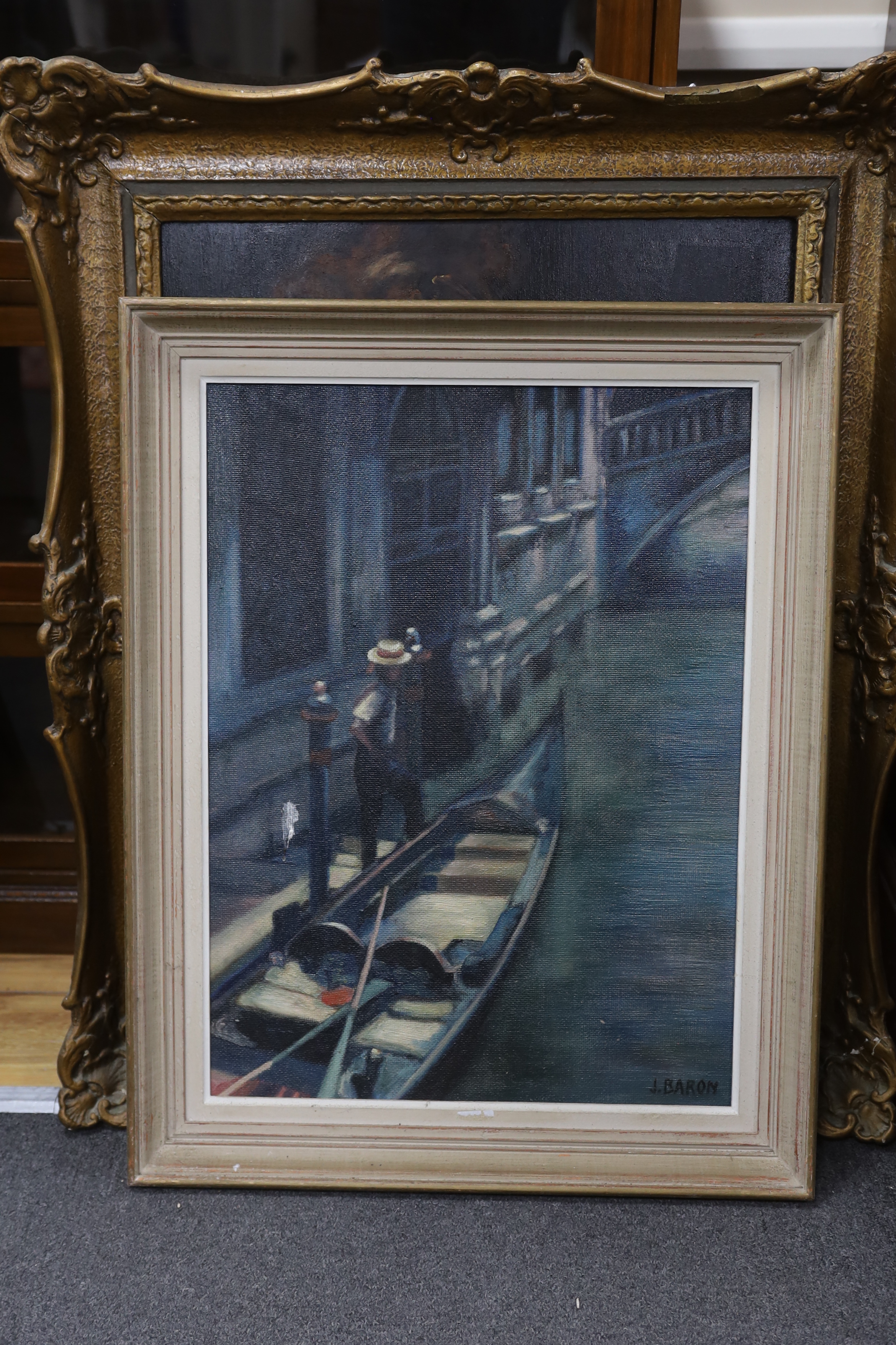 J Baron, oil on canvas board, Venetian canal with gondola, signed, 59 x 44cm